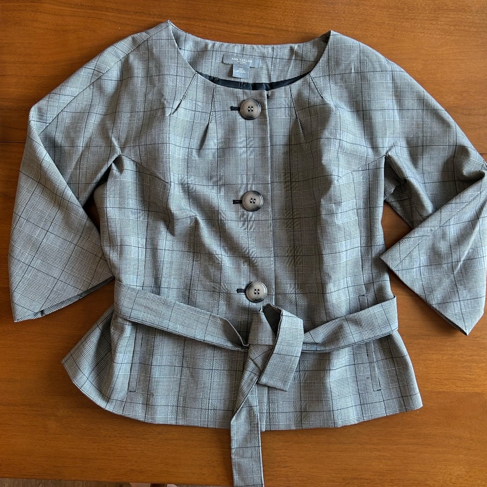 Gray Plaid Button-Up Blouse with Belt